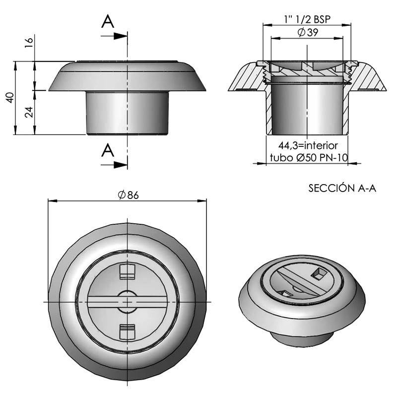 Boquilla de aspiración encolar D50 piscina hormigón AstralPool - Imagen 5