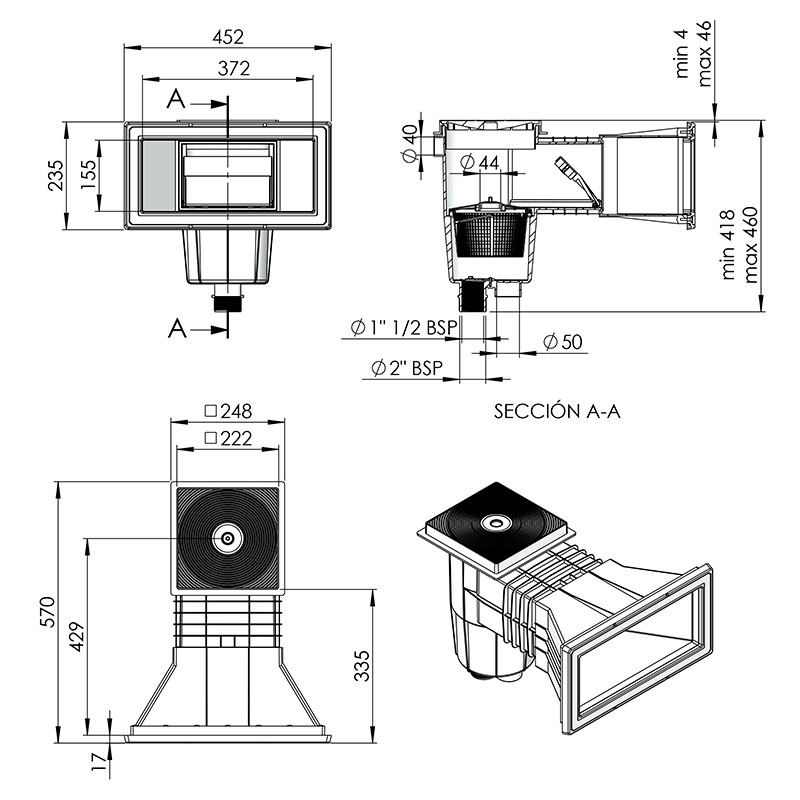 Skimmer boca ampliación tapa cuadrada piscina hormigón AstralPool - Imagen 5