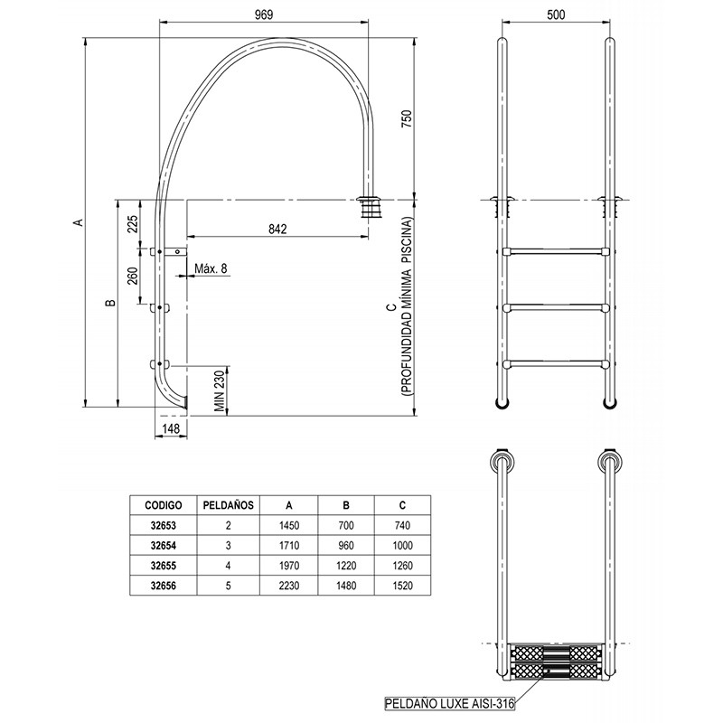 Escalera para piscina con rebosadero AISI-316 AstralPool - Imagen 2