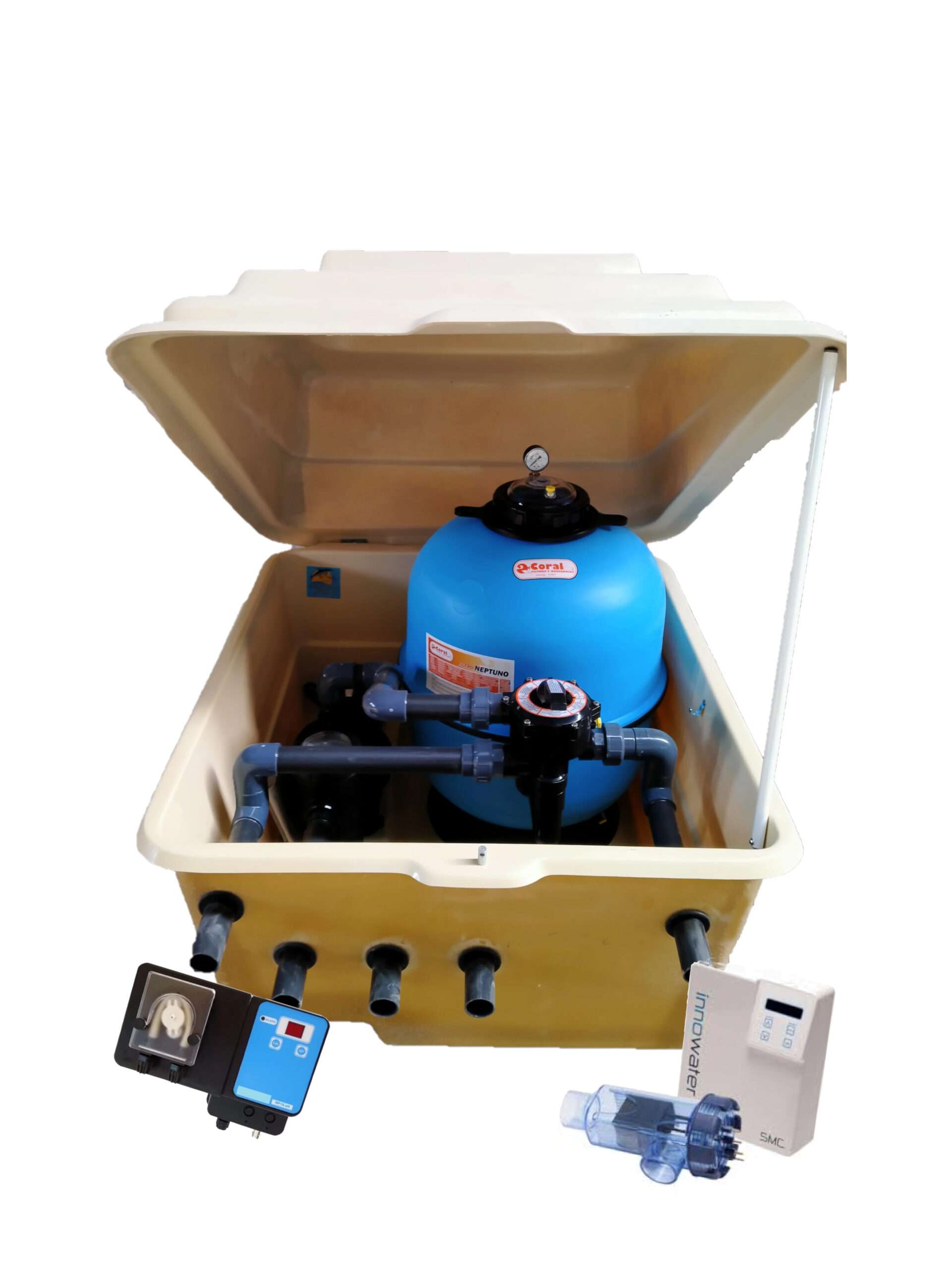 Compacto Caseta Depuradora Piscina Semienterrada Coral Neptuno 500 (Con clorador y PH)